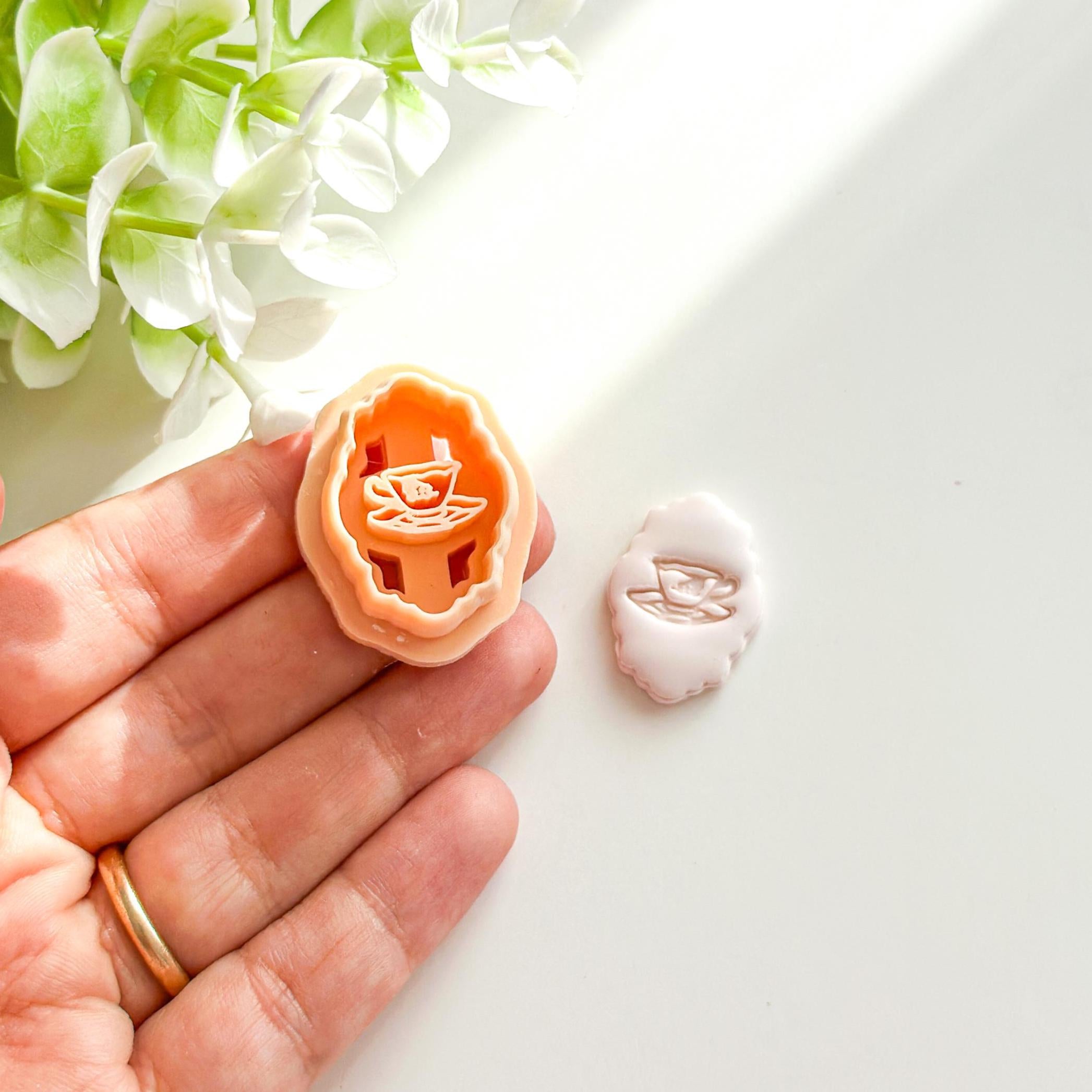 Tea Cup Embossed Oval Polymer Clay Earring Cutter